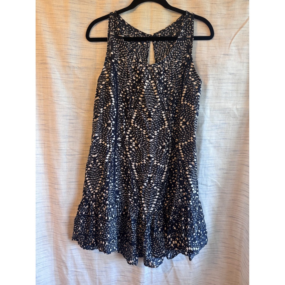Rip Curl Navy Blue White Geometric Print Ruffle Hem Mini Dress Small